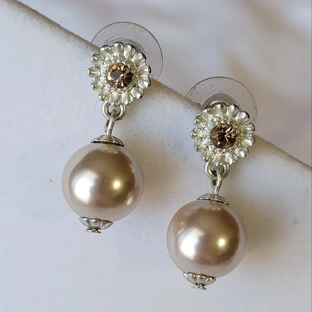 Champagne Faux Pearl and Rhinestone Sunflower Drop Earrings